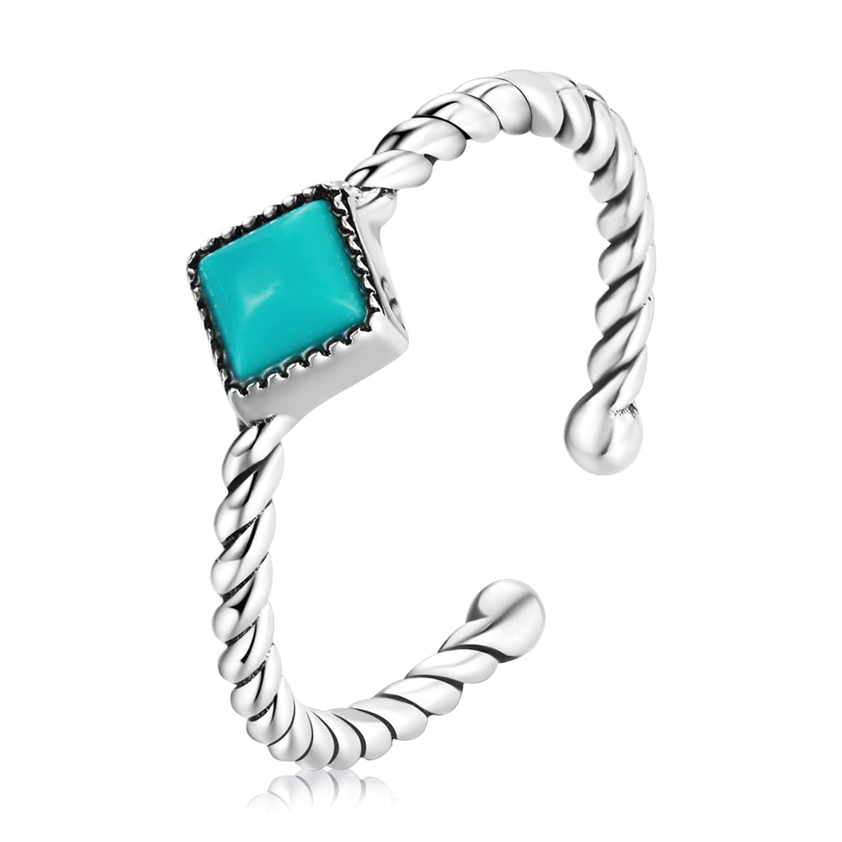 Qings Turquoise Ring Sterling Silver - Adjustable Open Stackable Statement Ring Blue Square Gemstone Twisted Rope Expandable Rings Simple Turquoise Gifts Jewelry for Women Girls