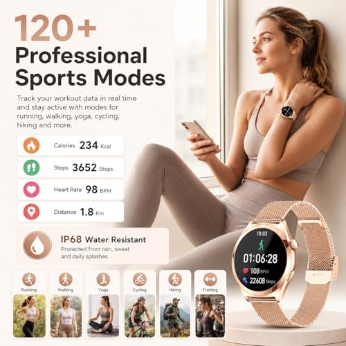 Women's Smart Watch with Bluetooth Calls, 1.27 Inch Smartwatch with Pedometer/Heart Rate Monitor/Sleep Monitor, 100+ Sports Modes Smart Watch, IP68 Activity Bracelet for Android iOS, Rose Gold