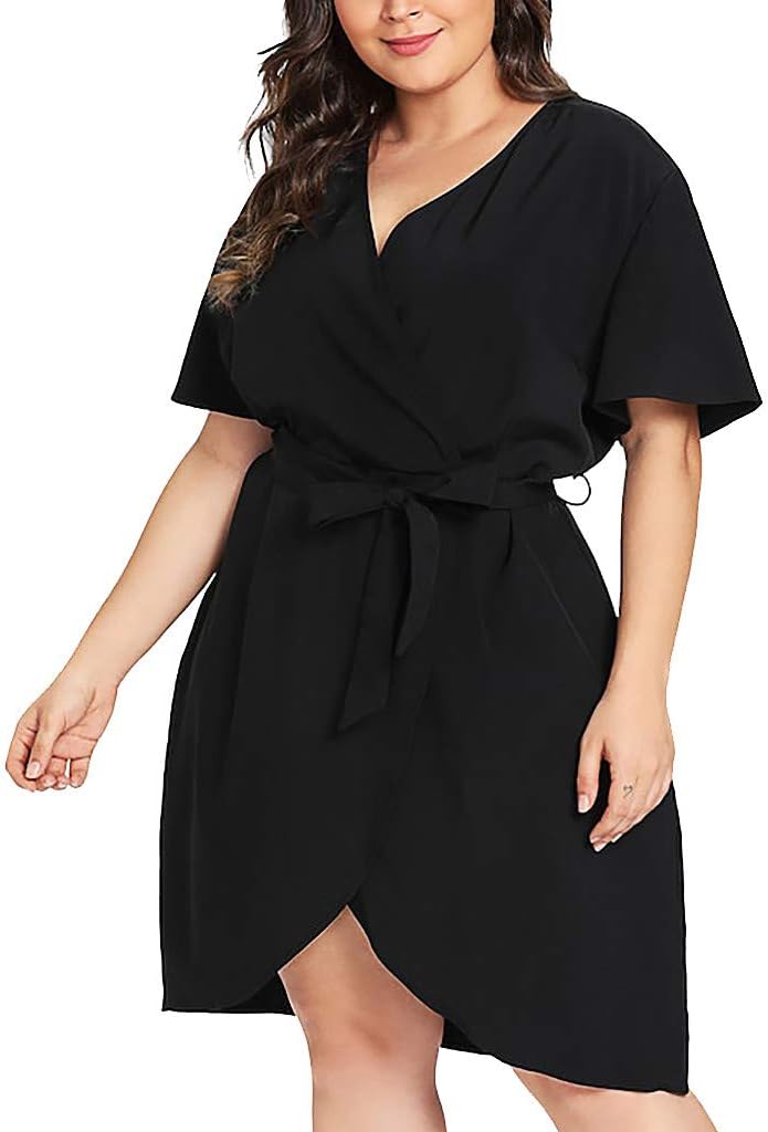 Goddessvan Women's Plus Size Dresses-Summer V-Neck Solid Loose Casual Cold Shoulder Wrap Dress