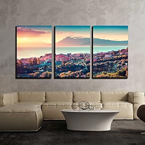 3 Piece Canvas Wall Art - Colorful Spring Sunset in The Solanto Village, Mediterranean Sea - Modern Home Art Stretched and Framed Ready to Hang - 16"x24"x3 Panels