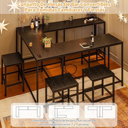 Simple Wisdom Barra Desayunador para Cocina,Barra de Cocina Convertible en Forma de L con Tomas de Corriente,Barras para Cocinas Pequeña de 3 Piezas y 2 Taburetes,Juego de Mesa de Bar(Color Negro)