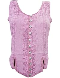 Womens Sleeveless Tank Vest Peasant Blouse Pink Embroidered Soft Rayon