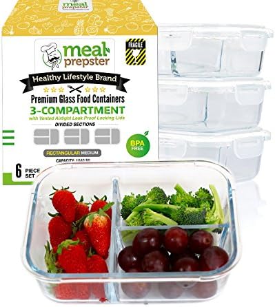 [LAUNCH SPECIAL] Meal Prep Divided Glass Containers 3-Pack Set with Vented Snap Lock Lids - BPA Leak Free (35 oz, 4.4 cups, Rectangle 3 Compartment) Oven Microwave Dishwash Freezer Safe Food Storage