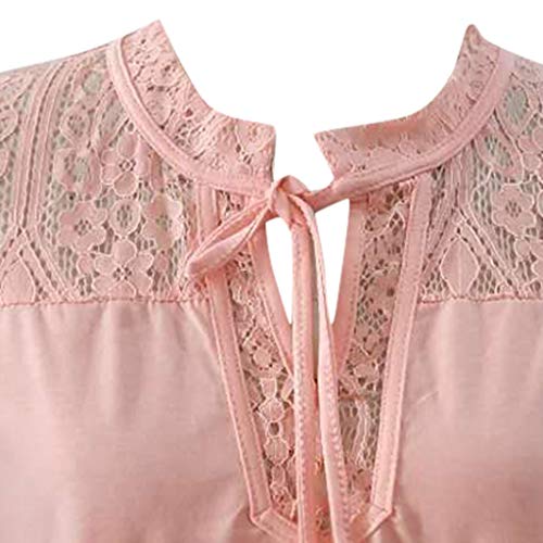 TIFENNY Casual Shirts for Women Summer Short Sleeve Sexy Sheer Mesh Lace Patchwork Bow Neck Blouse Tops Tee Pink - Thumbnail 4
