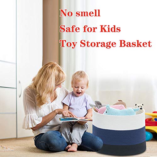 Extra Large Blue Cotton Rope Woven Basket for Laundry,Toys,Blankets,Pillows with Lid