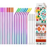 Teivio Set of 16 Stainless Steel Straws with Carry Bag, FDA-Approved Drinking Metal Reusable Straws with Cleaning Brush and Silicone Tips and case for 30 Oz - Multicolor, Rainbow