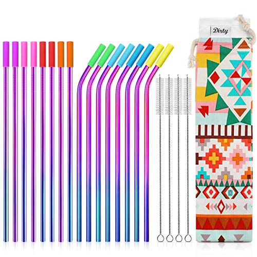 Teivio Set of 16 Stainless Steel Straws with Carry Bag, FDA-Approved Drinking Metal Reusable Straws with Cleaning Brush and Silicone Tips and case for 30 Oz - Multicolor, Rainbow