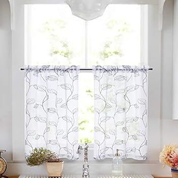 Topick Sheer Tiers Curtains with Leaf Embroidered Design Curtain Drapes for Bathroom Rod Pocket Kitchen Curtain 24 inch Grey on White 1 Pair