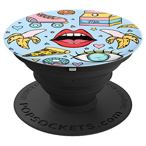 Pop Art Culture Pattern Baby Blue Donuts Lips Banana Women - PopSockets Grip and Stand for Phones and Tablets