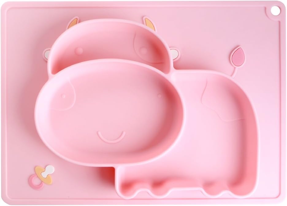 iSolem Baby Silicone Placemat, Non-Slip Toddlers Food Feeding Mat for Children, Kids, Infant, Kitchen Dining Table -Perfect Highchair Trays for Travel - Pink Cow