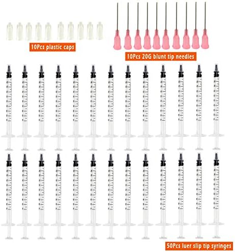 YsesoAi 50pcs 1ml Syringe with 10pcs 20Ga 1 Inch Luer Lock Blunt Dispensing Needle & 10pcs Caps