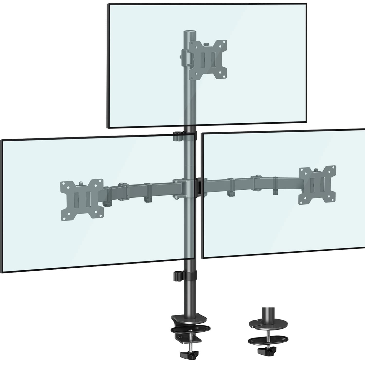 Photo 1 of MOUNTUP Triple Monitor Stand, Height Adjustable Monitor Desk Mount Fit for 17 to 32 Inch Computer Screens, Stacked Monitors Arm for 3 Monitors, with C-Clamp and Grommet Base, up to 17.6lbs per Arm