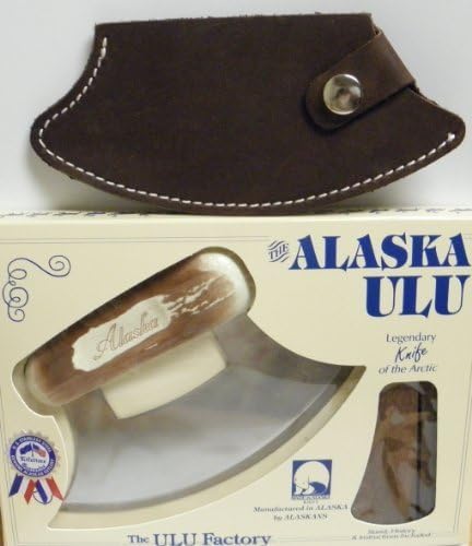 7" Cultured Moose Antler Handled Ulu with Leather Sheath (Dark Brown)