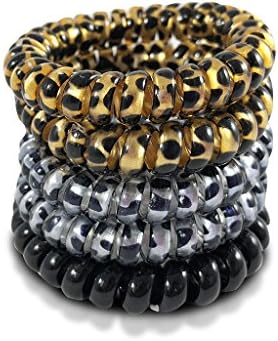 Spiral Hair Ties/Bracelets, No crease, Ouch-less, Non-slip, Traceless, Coiled hair bands/elastics for pony tail or messy bun, Sorted colors of black, brown and leopard print, Variety pack of 5.
