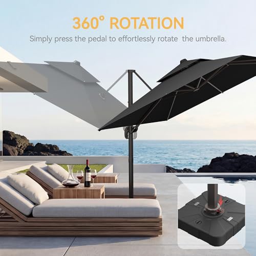 9x12 FT Patio Umbrella with base, Large Cantilever Rectangular Double Top Heavy Duty Offset Umbrellas with 360° Rotation, Outdoor shade for Garden Deck Pool, Gray