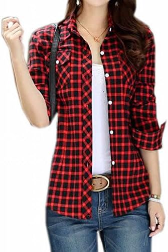 YZXH Womens Long Sleeve Classic Checkered Button Up Plaid Shirt Little red black XL