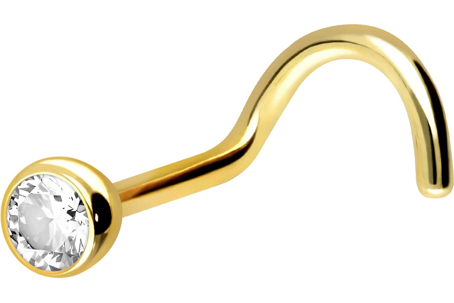 PIERCINGLINE 750 Gold Nose Piercing Spiral | 18 Carat | Round 2.4 mm Crystal | Piercing Nose Stud | Choice of Colours, Yellow Gold, Cubic Zirconia
