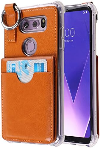 [Pocket Ring Bumper] Credit Card Case [Kick Stand] Protective Hybrid Case [Key Ring Holder] with 3 Cards Slot Wallet for LG V40 / LG V40 ThinQ (2018) (Ring Bumper Brown)