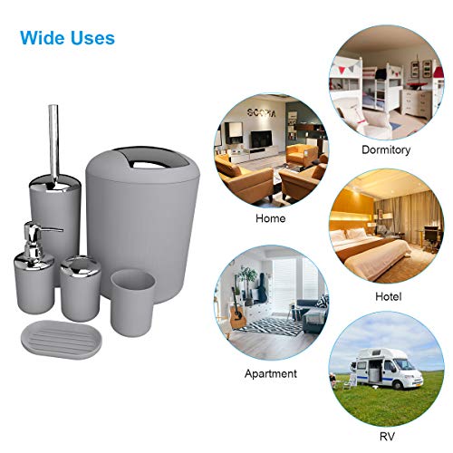 TEKITSFUN Grey Bathroom Accessories Set, 6 Pieces Plastic Gift Bath Accessory Sets Luxury Ensemble Includes Toothbrush Holder,Toothbrush Cup,Soap Dispenser,Soap Dish,Toilet Brush Holder,Trash Can