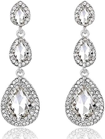 Fashion Vintage Gold &amp; Silver Plated Three Big Crystal Waterdrop Long Earrings Shine Earrings For Women Wedding Party Gifts (White)