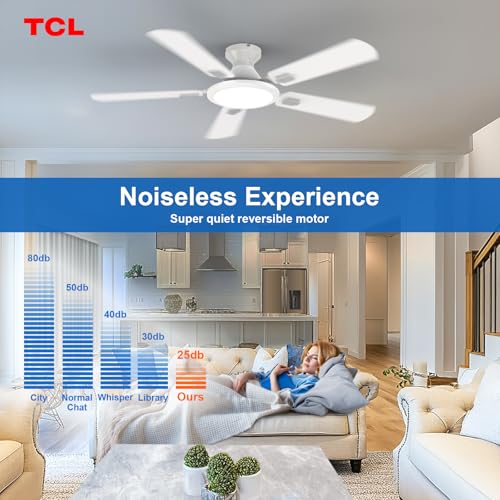 TCL Ceiling Fans with Lights, 52 Inch Low Profile Ceiling Fan with Light and Remote Control, Flush Mount, DC Reversible Motor, Noiseless, 6 Speeds Ceiling Fan for Bedroom (White)