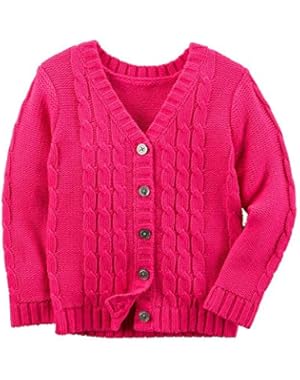Girl Button-Front Cable Knit Neon Pink V-Neck Cardigan Sweater