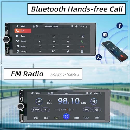1 DIN Stereo with Screen, 6.86 Inch Touchscreen Car Radio Carplay 1 Din, Car Play Radio Supports Mirror Link with Rear Camera, Support Type-C Charging/USB/Mic/EQ/SWC