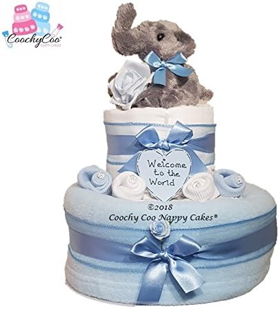 Baby Boys Blue Elephant Nappy Cake Hamper (Two Tier) Fast Free DELIVERY
