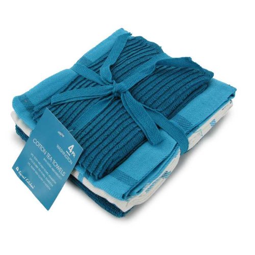 New Set Of 4 Teal Check Plain Kitchen Tea Towel Set Uk Amazon.co.uk