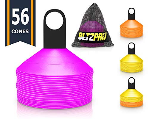 Bltzpro Disc Training Cones (Set of 56) - Agility Soccer/Football Cones with Carrying Bag and Holder. Ideal for Fitness Drill, Workout Speed Practice, Youth Kids Sports, Exercise for All Team Sports.