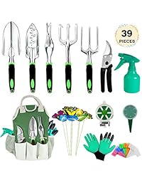 AOKIWO Juego de herramientas de jardín, 39 piezas Herramientas de jardinería para trabajo pesado con guantes de jardín y organizador Totalizador Kit de herramientas de mano de aluminio Regalos de jardinería para hombres y mujeres