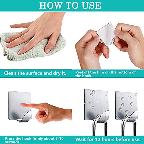 Wodgreat Adhesive Hanging Hooks, 3M Self-Adhesive Waterproof Stainless Steel Hooks Wall Utility Hooks, for Towel Keys Bags Kitchen Tools Bedroom Bathroom Office (4 Packs)