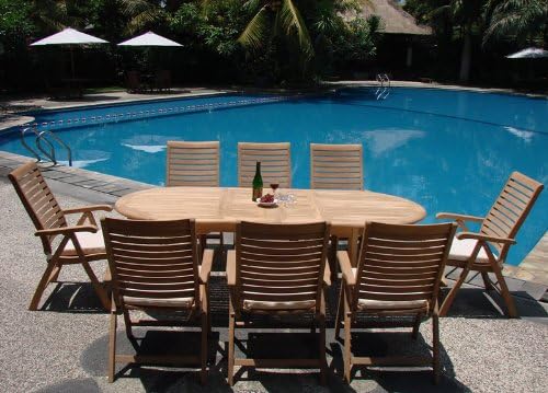 Grade-A Teak Wood Luxurious Dining Set Collections: 9 pc - 94" Double Extension Oval Table And 8 Ashley Reclining Arm Chairs #TSDSASa