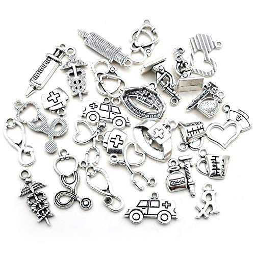 Youdiyla 70 Doctor Charms Collection, Nurse Stethoscope Ambulance Double Snake Stick Nurse Cap with Love Rx Letter Microscope Measuring Cup Syringe Charms Metal Pendant Craft Findings (HM297) - Thumbnail 2