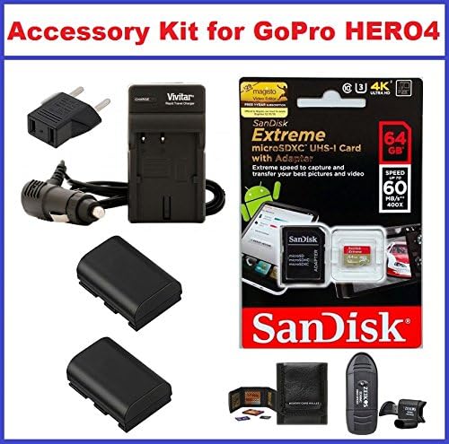Accessory Kit for GoPro HERO4, Includes: SanDisk 64GB SDXC Extreme MicroSD Memory Card, AC/DC Travel Charger with Batteries, Card Reader and Memory Card Wallet
