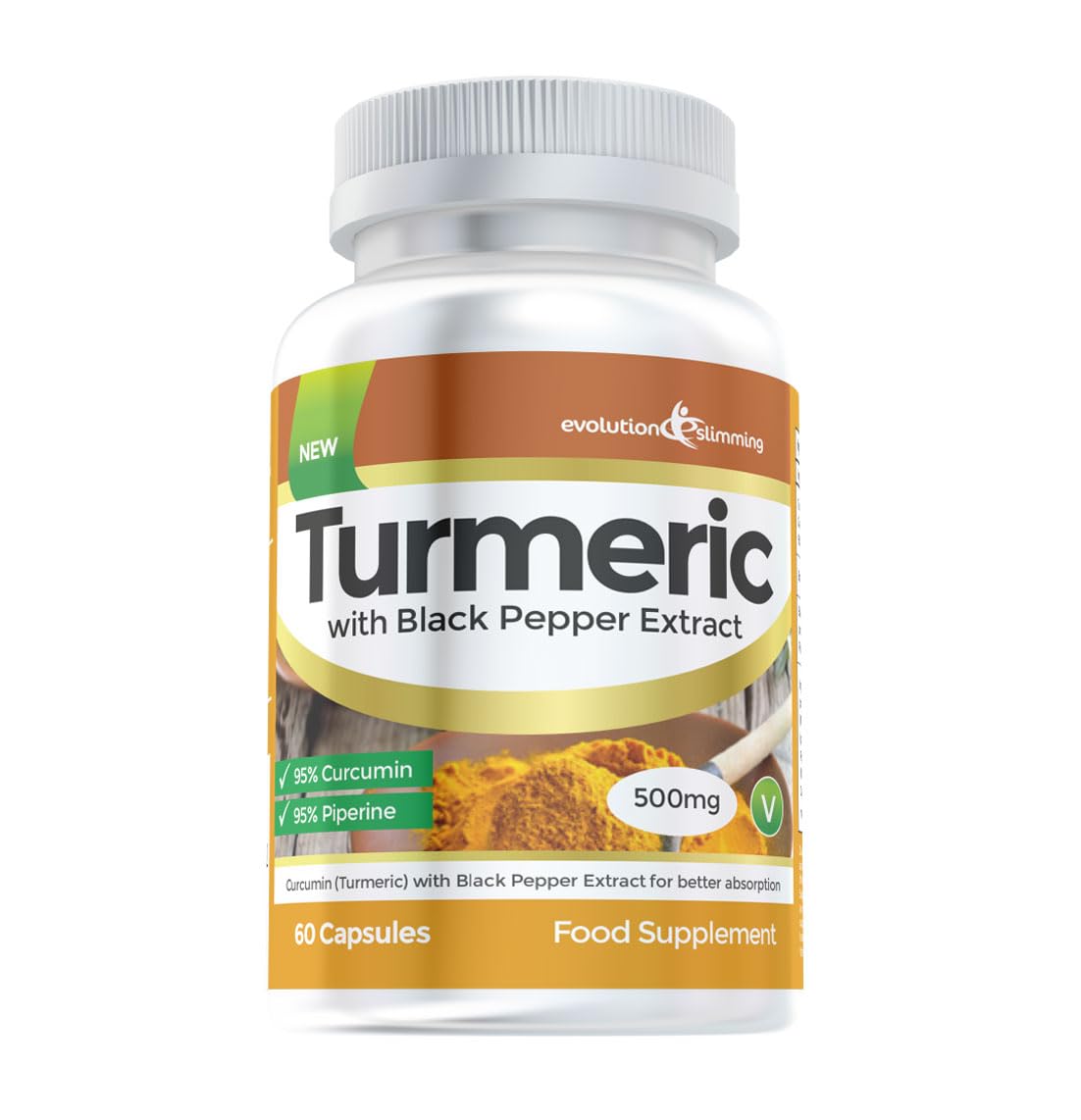 Turmeric with Black Pepper Extract Piperine, High Strength (500mg) for Weight Loss & Anti-Weight Gain, 60 Capsules, Evolution Slimming