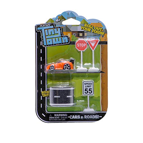 PlayTape TinyTown Cars & Roads: Includes Tuner Car, Tape Road, & Toy Road Signs & Accessories. Build Your Own Tiny Town! Easy to Use, Safe for Home, Quick CleanUp; PlayTape Road Tape; Play Cars