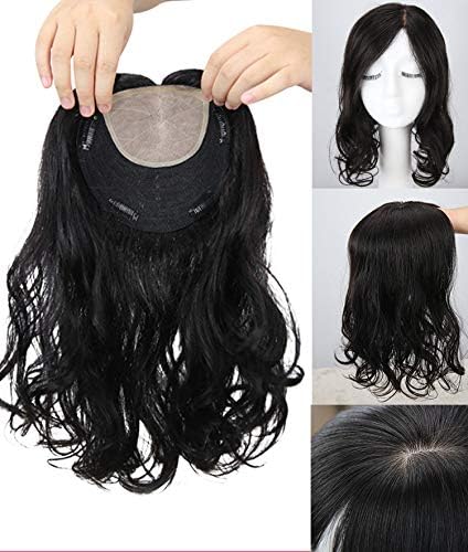 Yudit Long Curly Wavy Remy Human Hair Topper Clip in Silk Base Crown Hair Piece Natrual Part with Realistic Scalp For Thining Hair For Women Dark brown Yudit(update style)