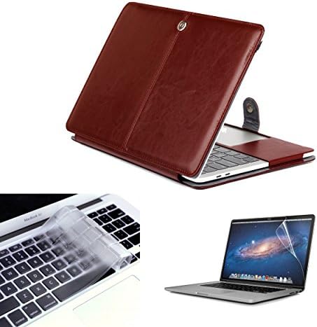 Macbook 2016 Pro 13 Inch with Touchbar 3 in 1 Bundle PU Leather Book Cover Flap Case with Premium Screen Protector and Keyboard Cover (Brown)