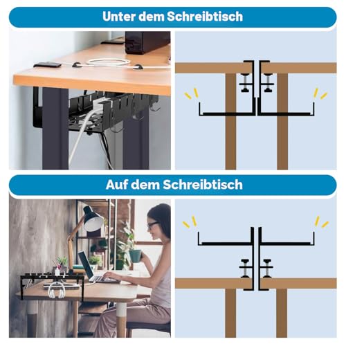 GUOOUG Cable Duct Desk, Black, No Drilling, Retractable 28.5-55 cm, Cable Management Desk, Adjustable Metal Cable Holder, Cable Tray, Cable Organiser, Table, Cable Basket, Clampable for Office