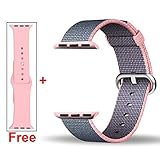 INTENY Woven Nylon Strap Buckle Replacement Wrist Bracelet with Silicone Band for Apple Watch Band Series 1 Series 2 42mm-Light Pink&Midnight Blue