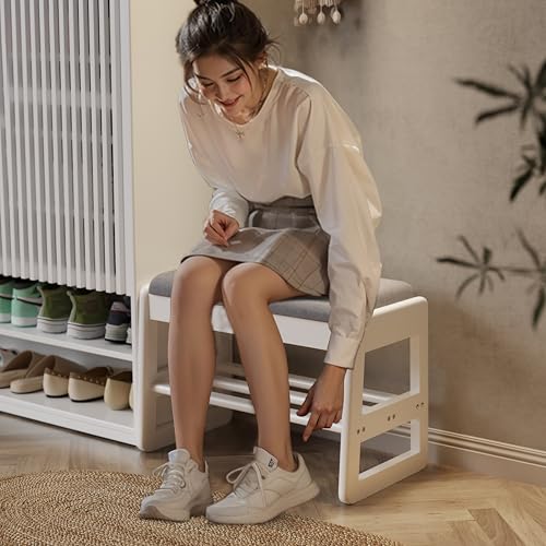 AQIMUELE Shoe Bench Cushion, 2 Levels, Shoe Bench with Folding Lid, Wooden Shoe Rack for Entryway, Hallway 60 cm (White)