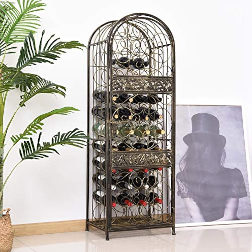 45 Bottle Wrought Iron Wine Rack Jail Lock Antique Bronze Kitchen