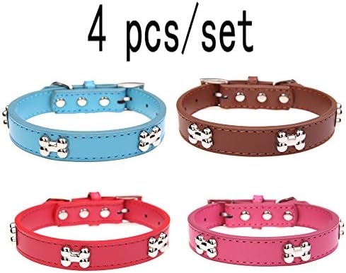 4 pcs/set Leather Dog Collar with Bone Charm for Large Dogs L 14-18 inches 50 cm