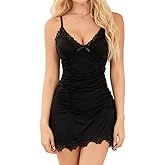 DESTTY Sexy Lingerie for Women Babydoll Side Slit Lace Trim Nightgowns V Neck Bowties Sleep Dress Chemise Nightwear Pajamas