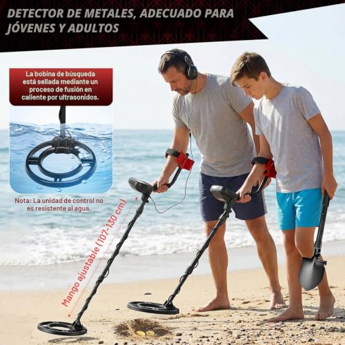 Professional Metal Detector for Adults, 6 Modes with DSP Chip Waterproof Search Coil of 10 Inches IP68, Height Adjustable 107-130 cm, LCD Display, 25 cm Depth for Adults & Children