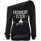Dutebare Women Halloween Off Shoulder Sweatshirt Slouchy Witch Shirt Long Sleeve Pullover Tops