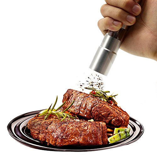 Pepper Grinder, AmazeFan Stainless Steel Pepper Mills for Grains, Spices, One Handed Operation, Table Seasoning Grinders, Lifetime Full Refund Guarantee