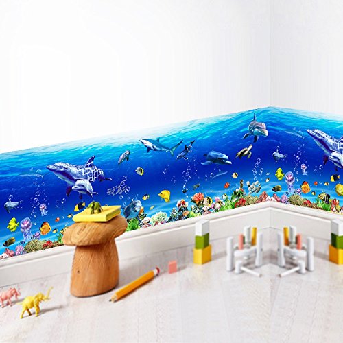 Amaonm 3D Under The Sea World Nature Scenery Removeable art Decals Ocean Animals Sharks, Dolphins, Coral Wall Decals Peel Stick art Stickers for Bathroom Wall Corner Bedroom Sink Living room (A)