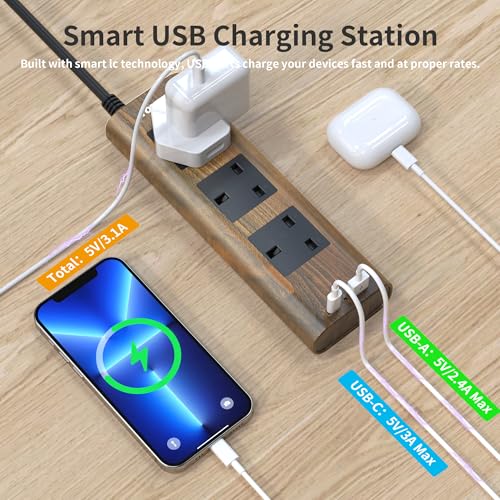 TOPREK Wood Grain 3 Way Extension Lead with USB Slots, Surge Protection, ON/OFF Switch, 13A/3250W, Extension Cable 2M for Home Kitchen Office